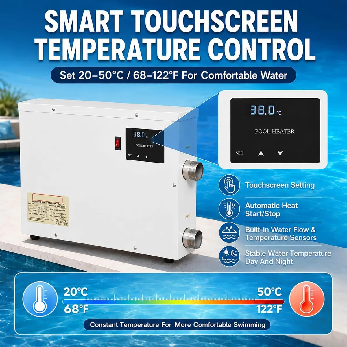 Termostat do podgrzewacza do wanna, elektryczny podgrzewacz basenowy ze sterowaniem dotykowym, idealny do basenów naziemnych, wanna, spa, wanien i małych stawów rybnych(6kw)