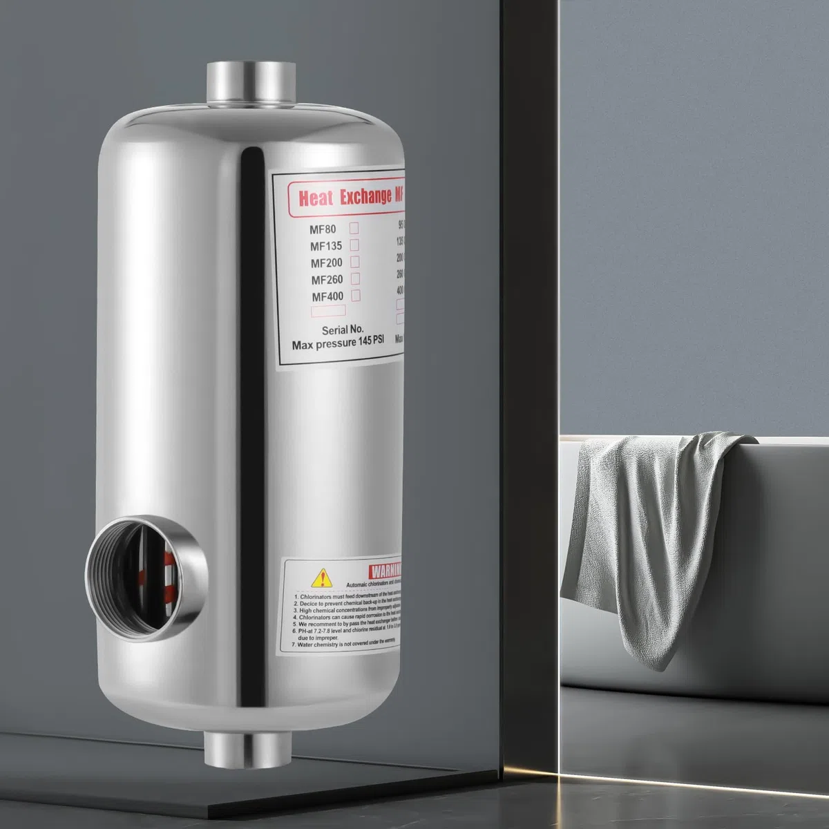 Wymiennik ciepła basenowy ze stali nierdzewnej 28 kW, stal 304, 150 l/min, 40 GPM, przepływ wody, wzór odwrotnego przepływu 31,5 x 5,28 cala, montaż poziomy/pionowy, do basenu, spa